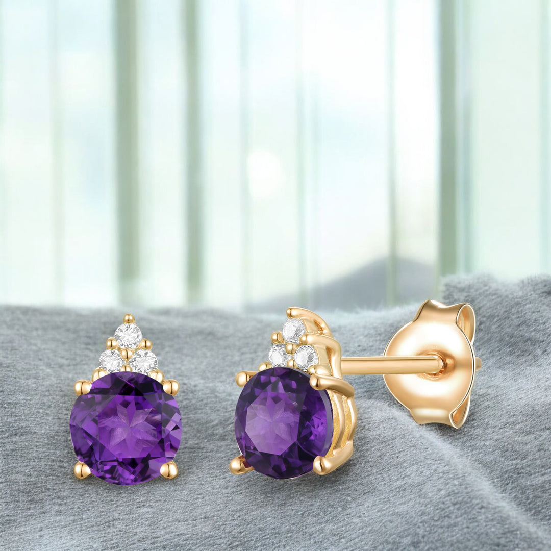 Elegant 14K Gold Stud Earrings with Diamonds and Amethyst – 4.5mm Stone