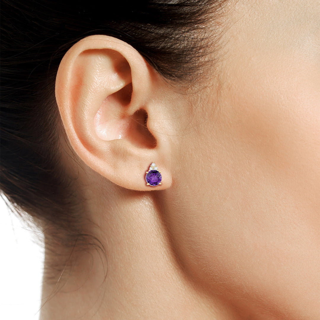 Elegant 14K Gold Stud Earrings with Diamonds and Amethyst – 4.5mm Stone