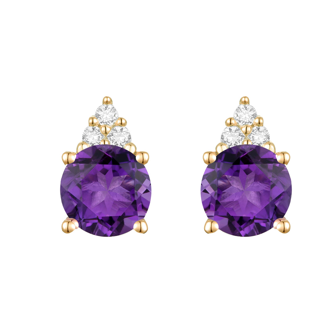 Elegant 14K Gold Stud Earrings with Diamonds and Amethyst – 4.5mm Stone