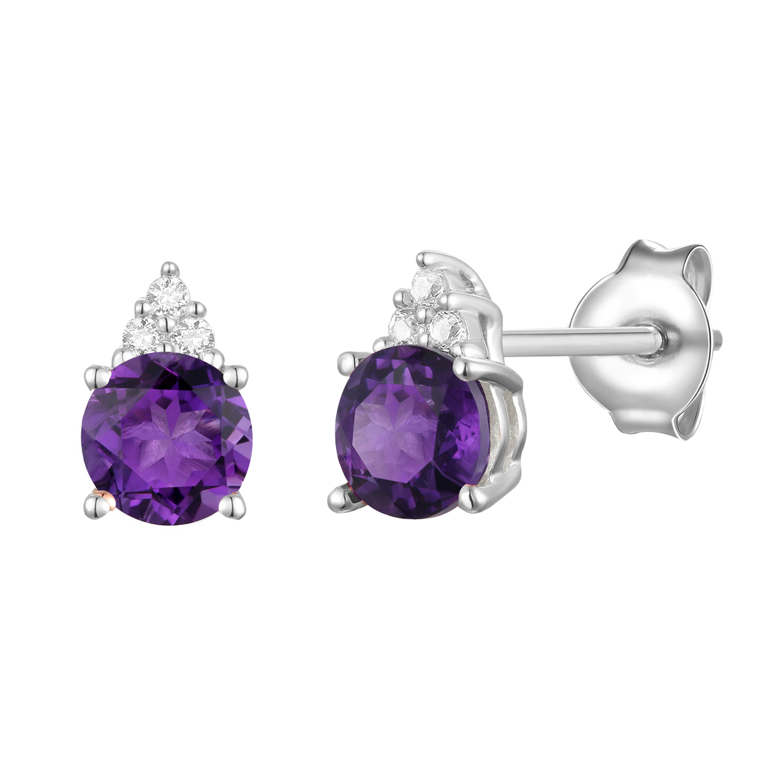 Elegant 14K Gold Stud Earrings with Diamonds and Amethyst – 4.5mm Stone