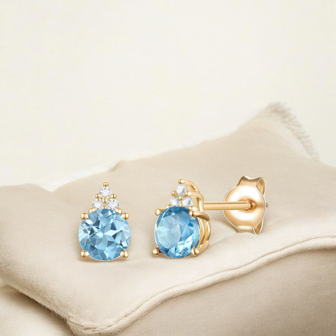 Elegant 14K Gold Stud Earrings with Diamonds and Blue Topaz – 4.5mm Stone