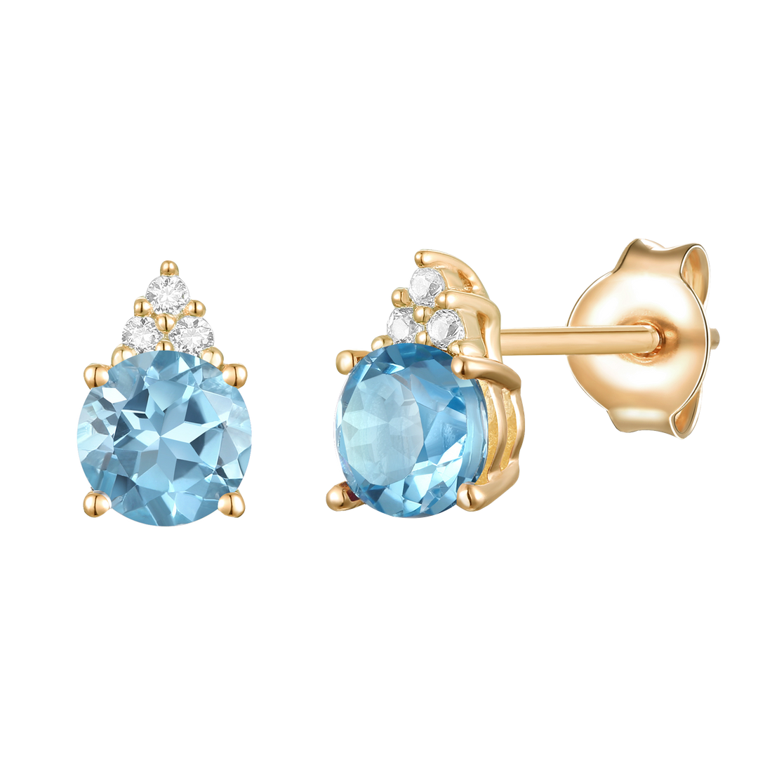 Elegant 14K Gold Stud Earrings with Diamonds and Blue Topaz – 4.5mm Stone