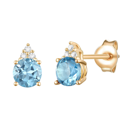 Elegant 14K Gold Stud Earrings with Diamonds and Blue Topaz – 4.5mm Stone