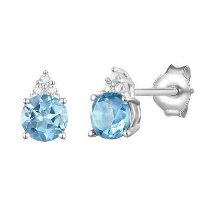 Elegant 14K Gold Stud Earrings with Diamonds and Blue Topaz – 4.5mm Stone