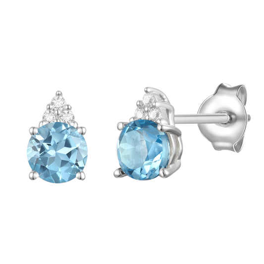 Elegant 14K Gold Stud Earrings with Diamonds and Blue Topaz – 4.5mm Stone