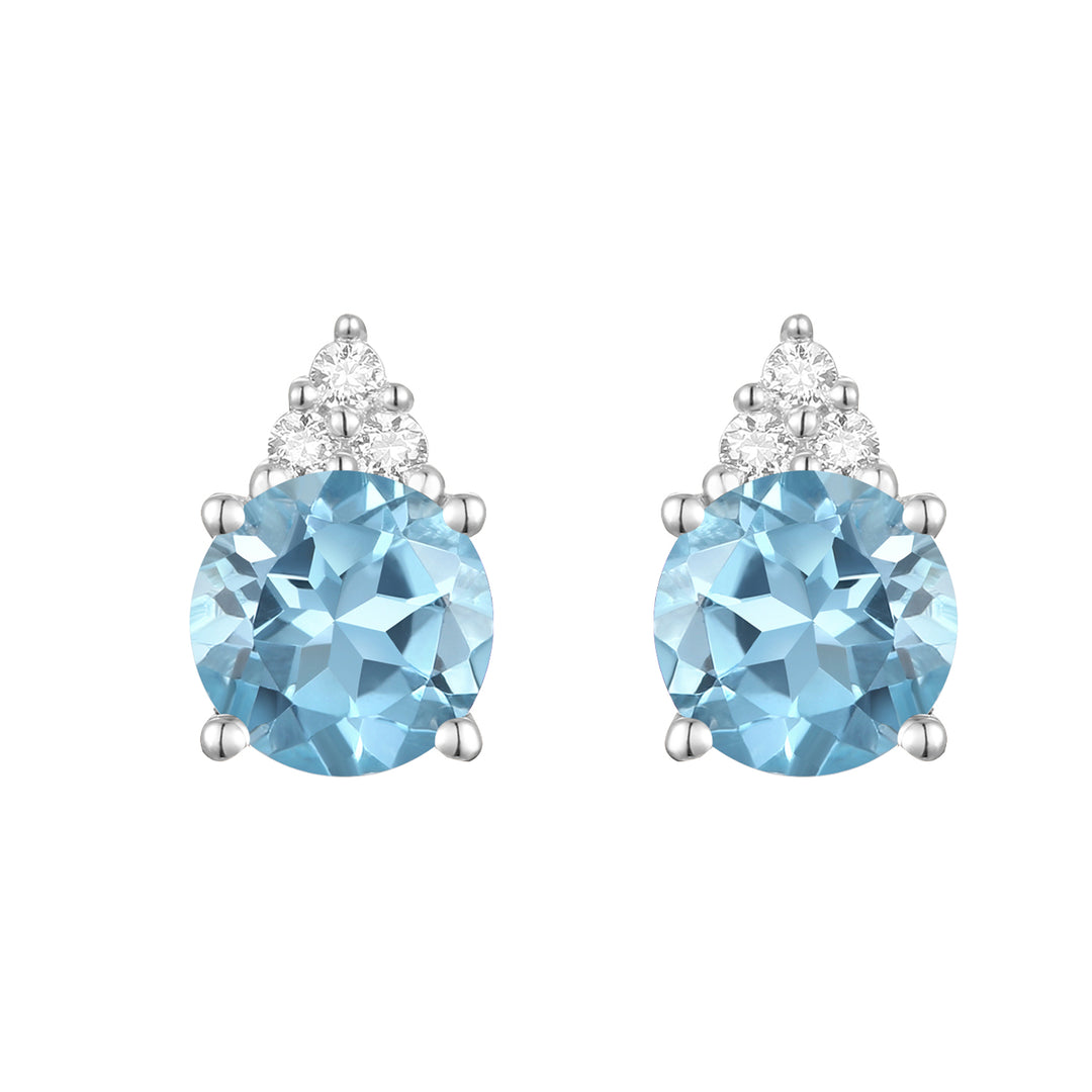 Elegant 14K Gold Stud Earrings with Diamonds and Blue Topaz – 4.5mm Stone