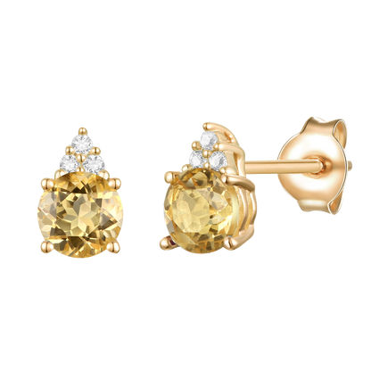Elegant 14K Gold Stud Earrings with Diamonds and Citrine – 4.5mm Stone