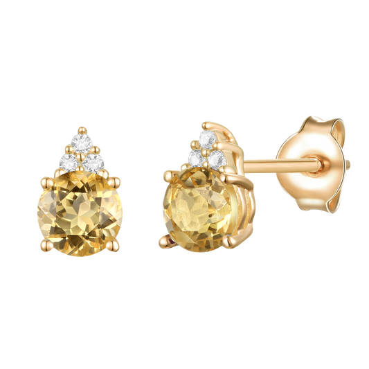 Elegant 14K Gold Stud Earrings with Diamonds and Citrine – 4.5mm Stone