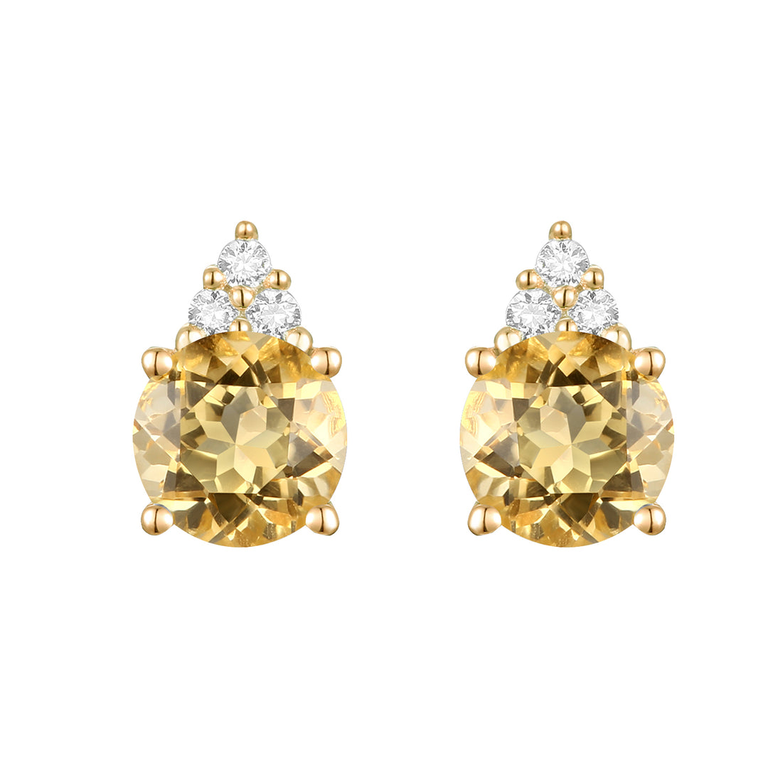 Elegant 14K Gold Stud Earrings with Diamonds and Citrine – 4.5mm Stone