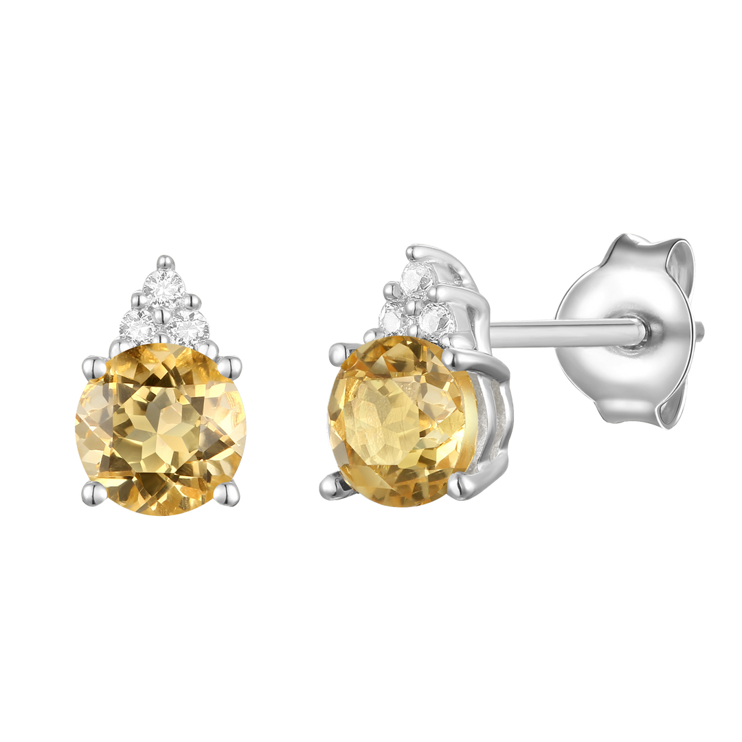 Elegant 14K Gold Stud Earrings with Diamonds and Citrine – 4.5mm Stone