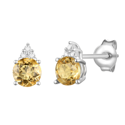 Elegant 14K Gold Stud Earrings with Diamonds and Citrine – 4.5mm Stone