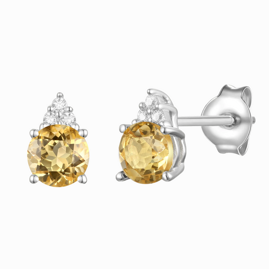 Elegant 14K Gold Stud Earrings with Diamonds and Citrine – 4.5mm Stone