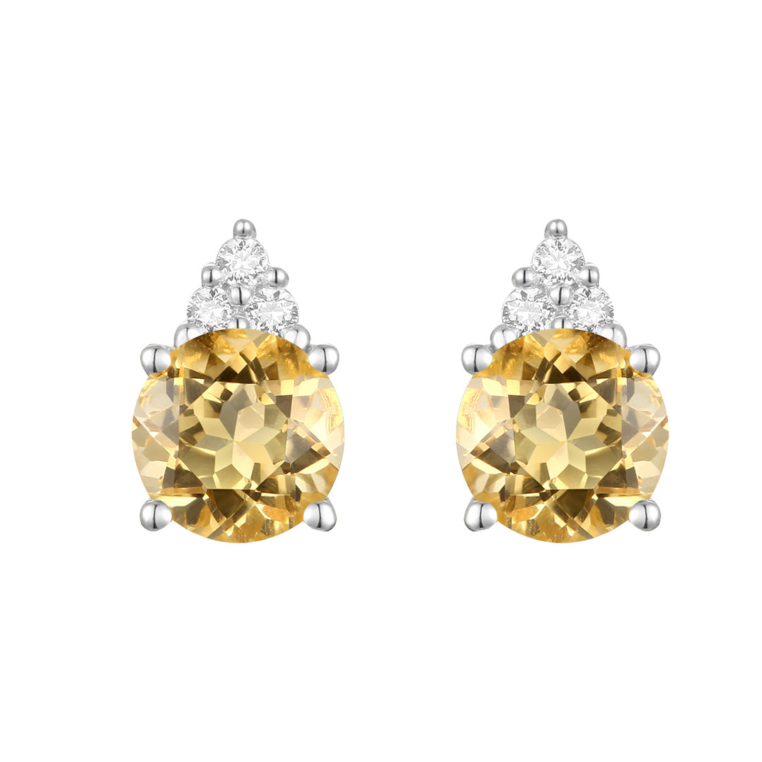 Elegant 14K Gold Stud Earrings with Diamonds and Citrine – 4.5mm Stone