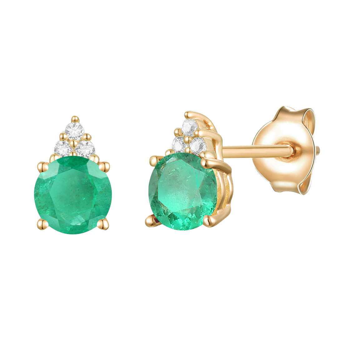 Elegant 14K Gold Stud Earrings with Diamonds and Emerald – 4.5mm Stone