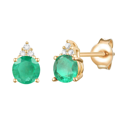 Elegant 14K Gold Stud Earrings with Diamonds and Emerald – 4.5mm Stone