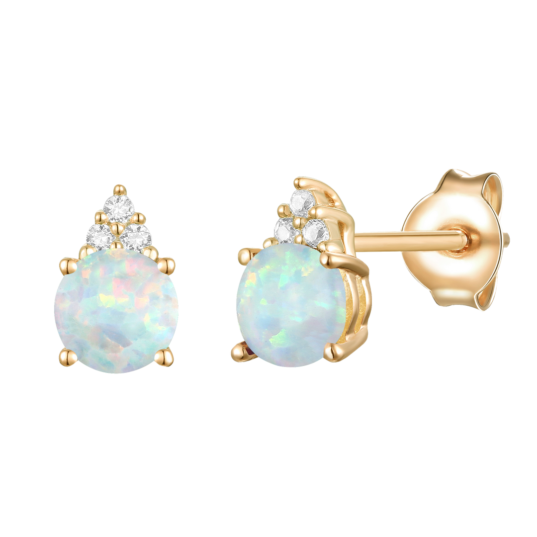 Elegant 14K Gold Stud Earrings with Diamonds and Opal – 4.5mm Stone