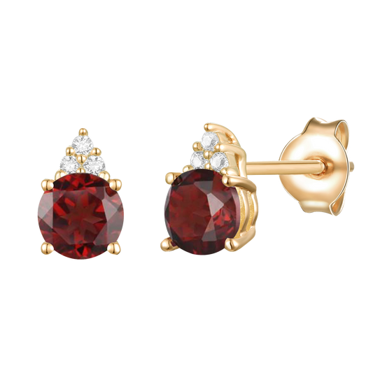 Elegant 14K Gold Stud Earrings with Diamonds and Garnet – 4.5mm Stone