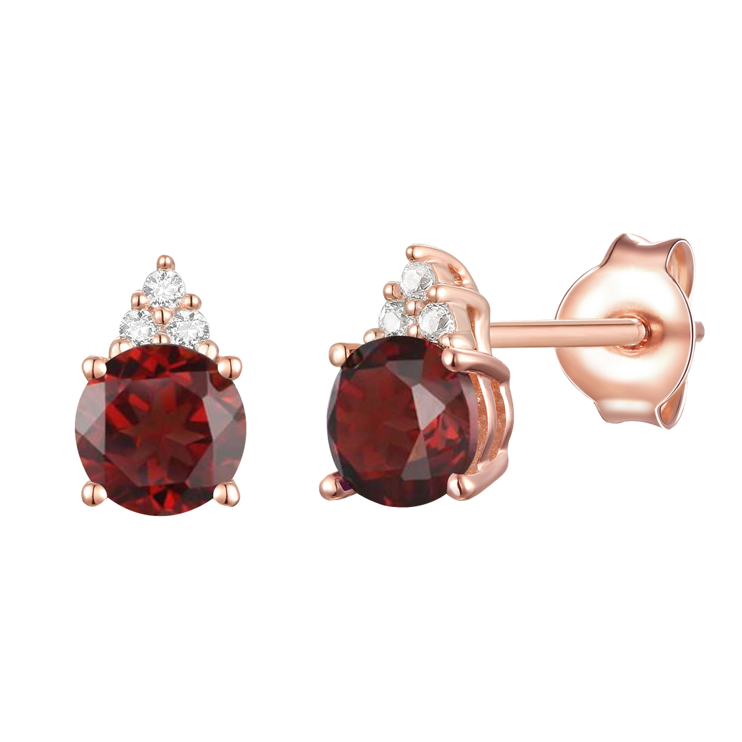 Elegant 14K Gold Stud Earrings with Diamonds and Garnet – 4.5mm Stone