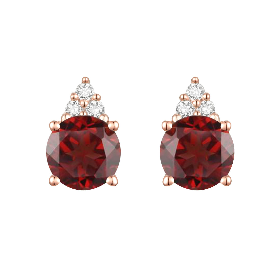 Elegant 14K Gold Stud Earrings with Diamonds and Garnet – 4.5mm Stone