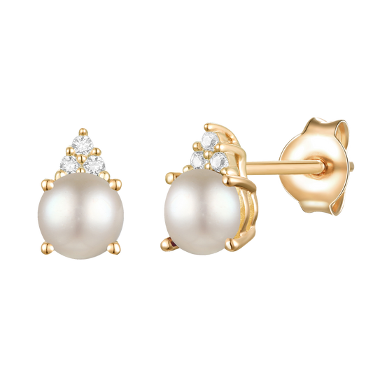 Elegant 14K Gold Stud Earrings with Diamonds and Pearl – 4.5mm Stone