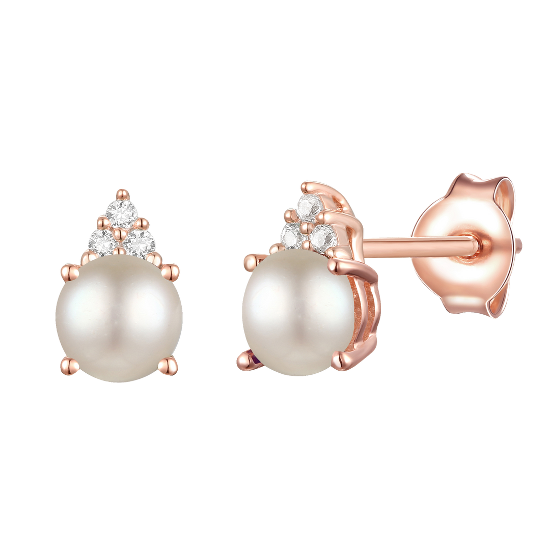 Elegant 14K Gold Stud Earrings with Diamonds and Pearl – 4.5mm Stone