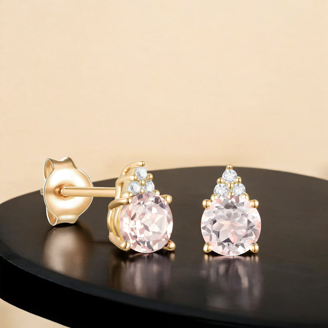 Elegant 14K Gold Stud Earrings with Diamonds and Morganite – 4.5mm Stone