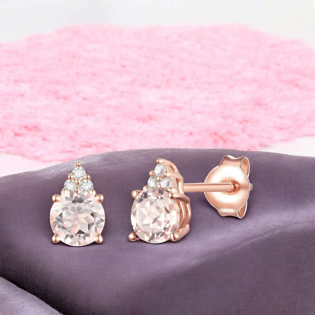 Elegant 14K Gold Stud Earrings with Diamonds and Morganite – 4.5mm Stone