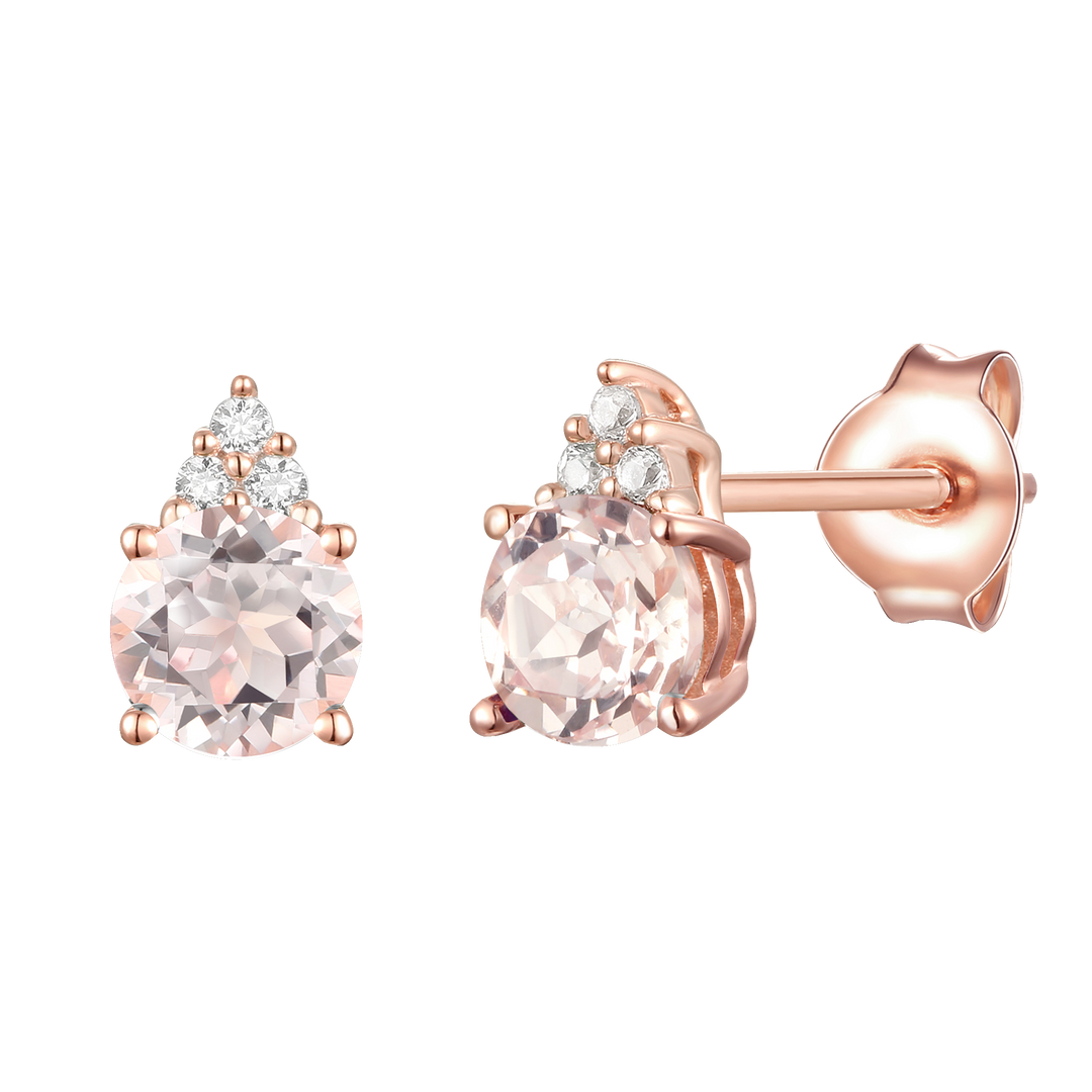 Elegant 14K Gold Stud Earrings with Diamonds and Morganite – 4.5mm Stone