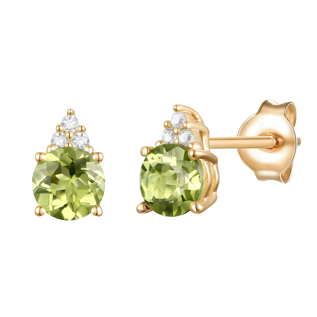 Elegant 14K Gold Stud Earrings with Diamonds and Peridot – 4.5mm Stone