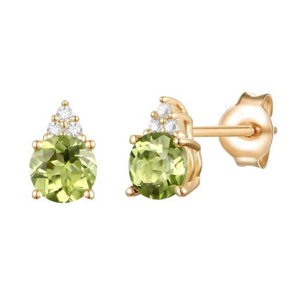 Elegant 14K Gold Stud Earrings with Diamonds and Peridot – 4.5mm Stone