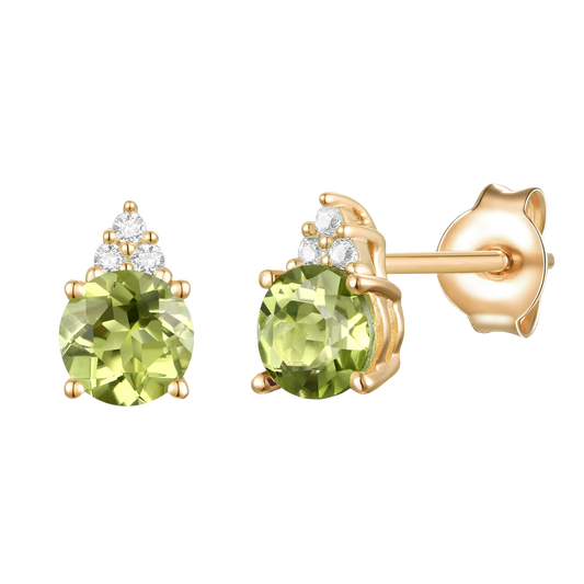 Elegant 14K Gold Stud Earrings with Diamonds and Peridot – 4.5mm Stone