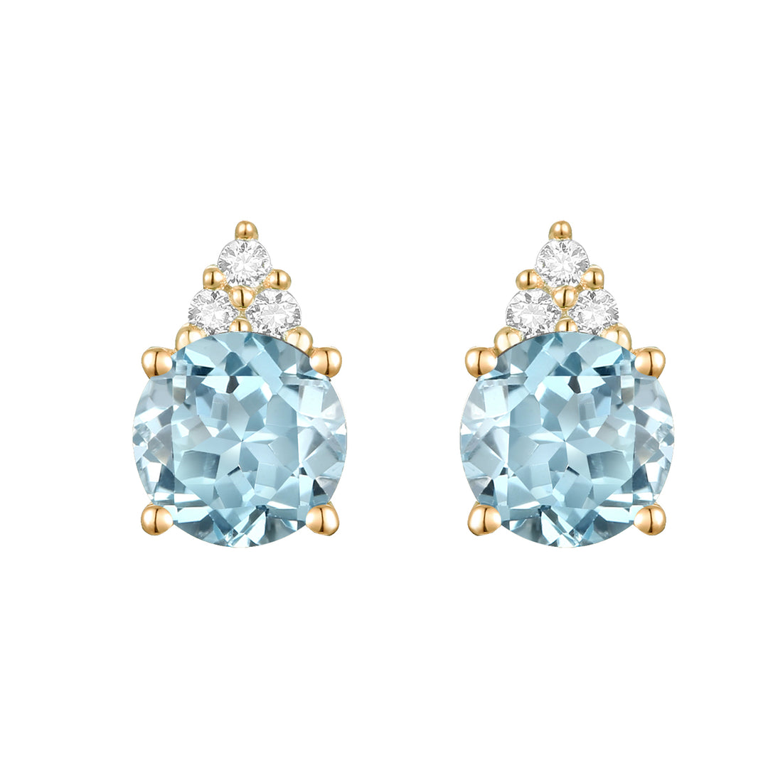 Elegant 14K Gold Stud Earrings with Diamonds and Aquamarine – 4.5mm Stone