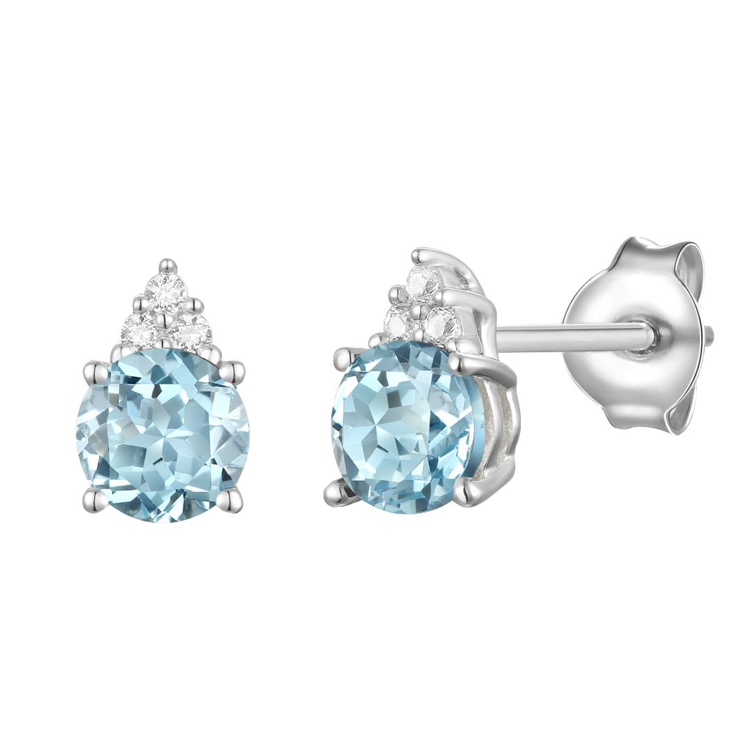 Elegant 14K Gold Stud Earrings with Diamonds and Aquamarine – 4.5mm Stone