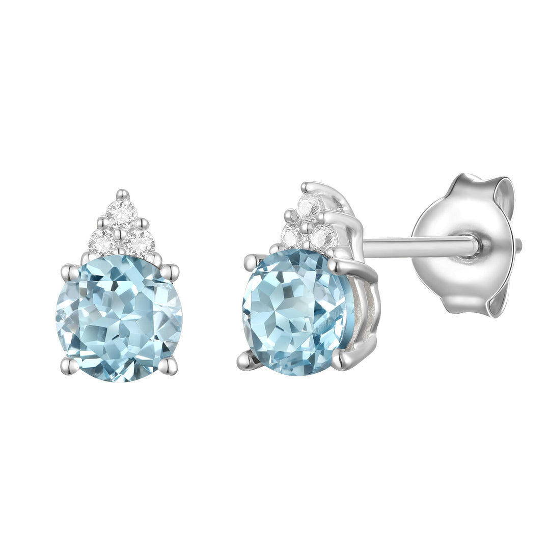 Elegant 14K Gold Stud Earrings with Diamonds and Aquamarine – 4.5mm Stone