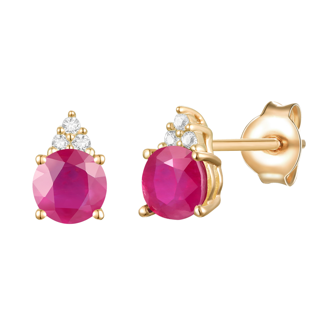 Elegant 14K Gold Stud Earrings with Diamonds and Ruby – 4.5mm Stone