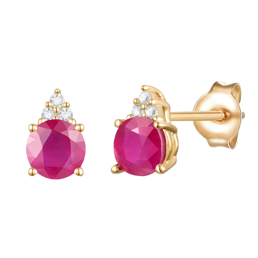 Elegant 14K Gold Stud Earrings with Diamonds and Ruby – 4.5mm Stone