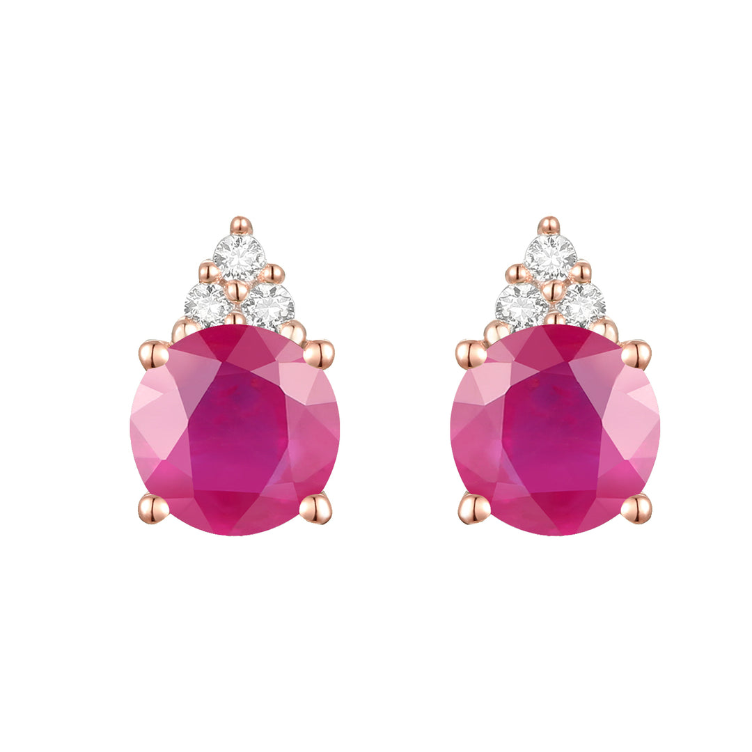 Elegant 14K Gold Stud Earrings with Diamonds and Ruby – 4.5mm Stone