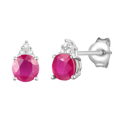 Elegant 14K Gold Stud Earrings with Diamonds and Ruby – 4.5mm Stone