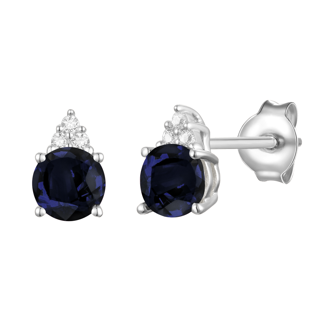 Elegant 14K Gold Stud Earrings with Diamonds and Sapphire – 4.5mm Stone