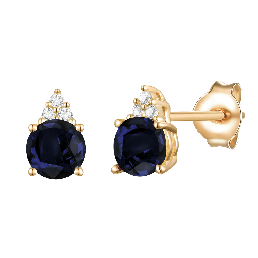 Elegant 14K Gold Stud Earrings with Diamonds and Sapphire – 4.5mm Stone