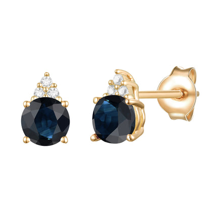 Elegant 14K Gold Stud Earrings with Diamonds and Sapphire – 4.5mm Stone
