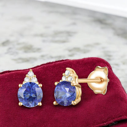 Elegant 14K Gold Stud Earrings with Diamonds and Tanzanite – 4.5mm Stone