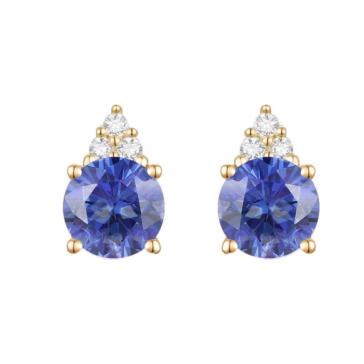 Elegant 14K Gold Stud Earrings with Diamonds and Tanzanite – 4.5mm Stone