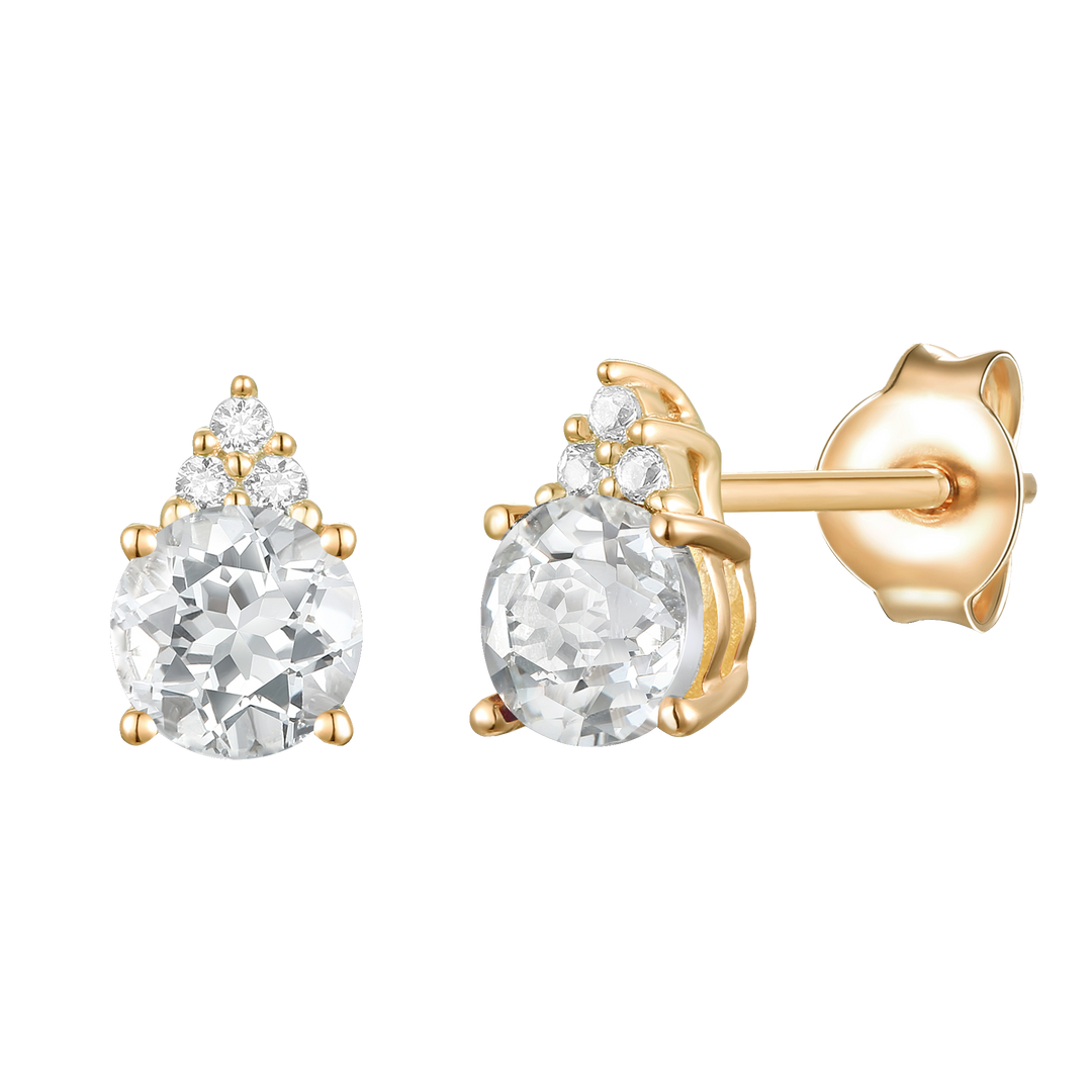 Elegant 14K Gold Stud Earrings with Diamonds and White Topaz – 4.5mm Stone