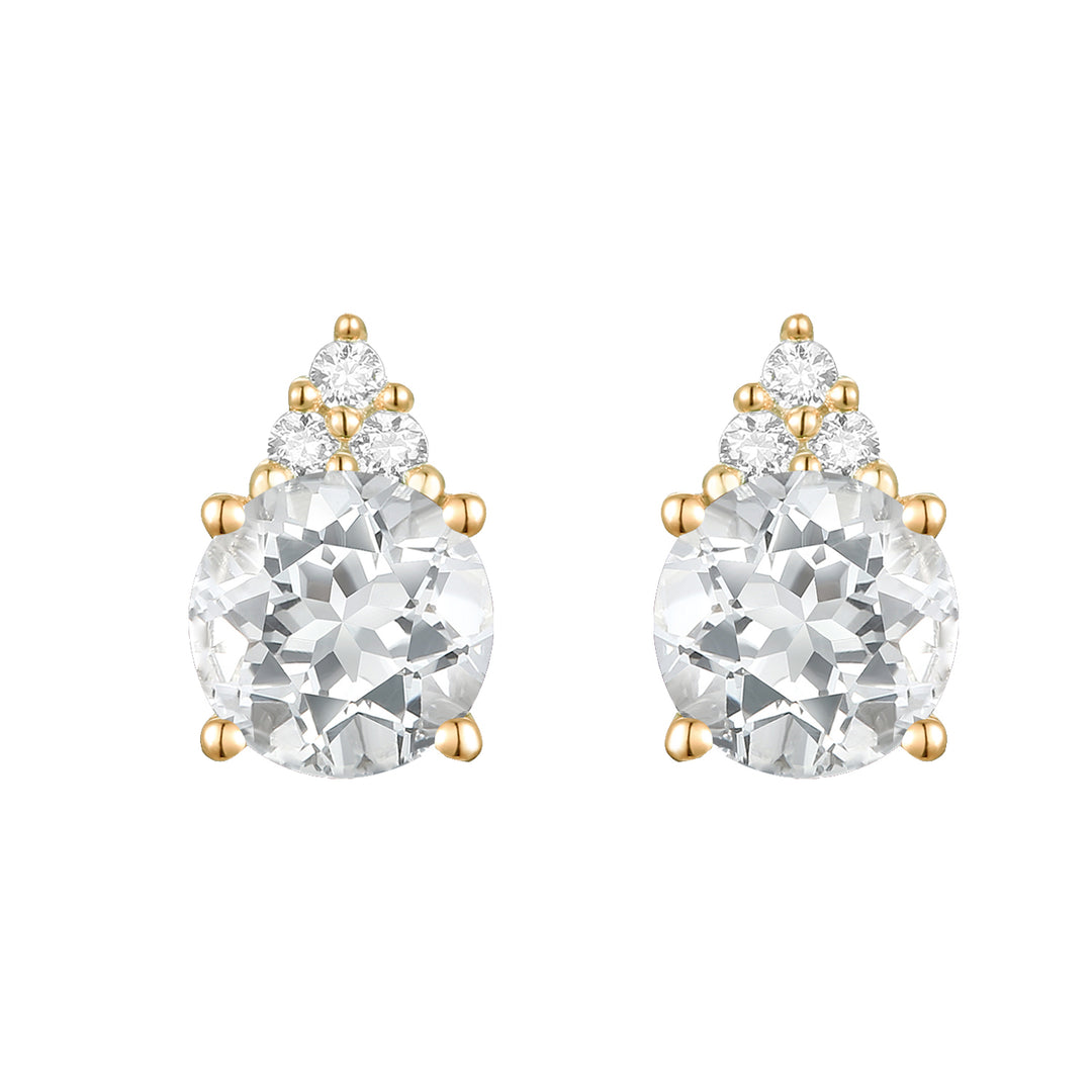 Elegant 14K Gold Stud Earrings with Diamonds and White Topaz – 4.5mm Stone