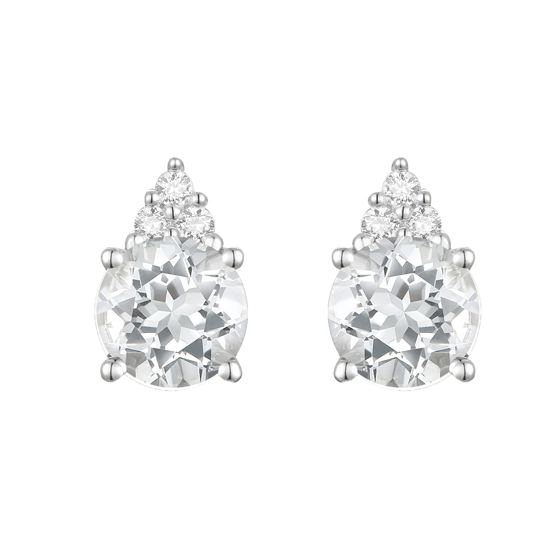 Elegant 14K Gold Stud Earrings with Diamonds and White Topaz – 4.5mm Stone