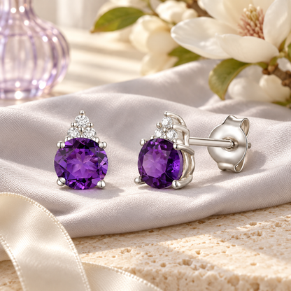 Elegant 14K Gold Stud Earrings with Diamonds and Amethyst – 4.5mm Stone - view 8