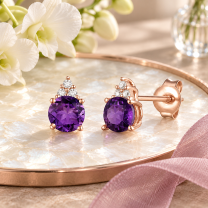 Elegant 14K Gold Stud Earrings with Diamonds and Amethyst – 4.5mm Stone - view 5