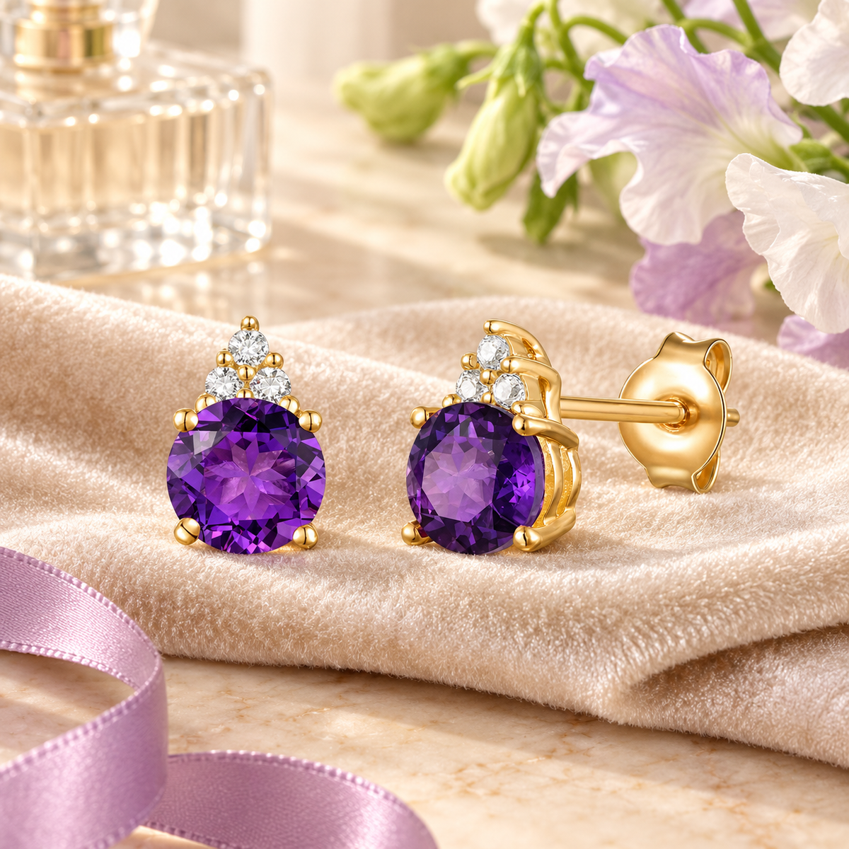 Elegant 14K Gold Stud Earrings with Diamonds and Amethyst – 4.5mm Stone - view 2