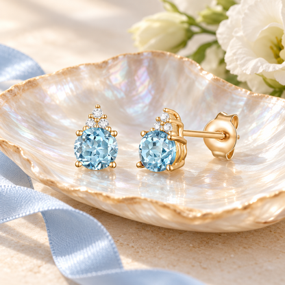 Elegant 14K Gold Stud Earrings with Diamonds and Aquamarine – 4.5mm Stone - view 2